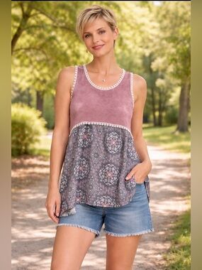 Filly Flair sleeveless crochet hem boho print babydoll knit top